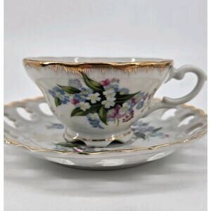 Vtg 60s Lefton Reticulated Handpainted Floral Gold Edged Footed Teacup & Saucer